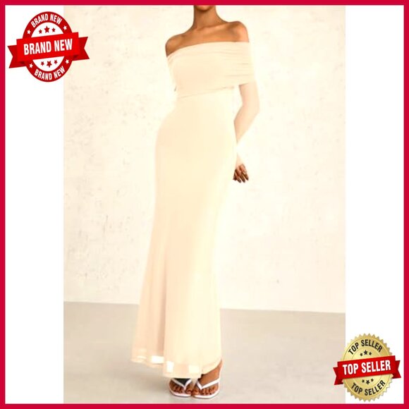 Elegant Off Shoulder Long Sleeve Formal Bodycon Maxi Dress Wedding Guest - Picture 6 of 7